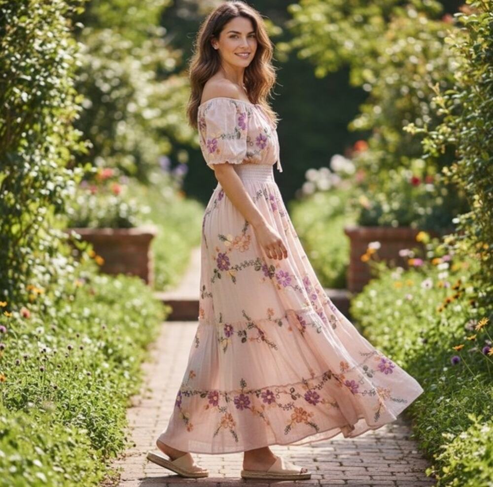 Anthropologie Kindred Peach Floral Tiered Peasant Maxi Dress XL NWT Feminine